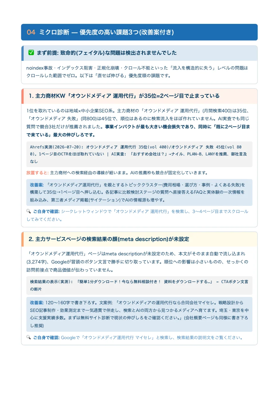 無料サイト診断レポートの優先課題と改善案のサンプル